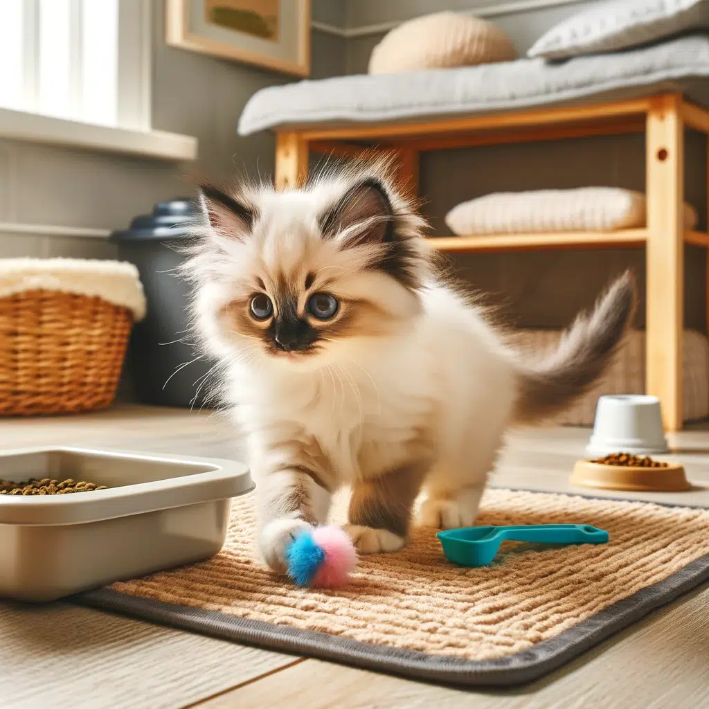 Ambiance sécurisée pour préparer l’arrivée d’un chaton Sacré de Birmanie avec jouets et couverture douce